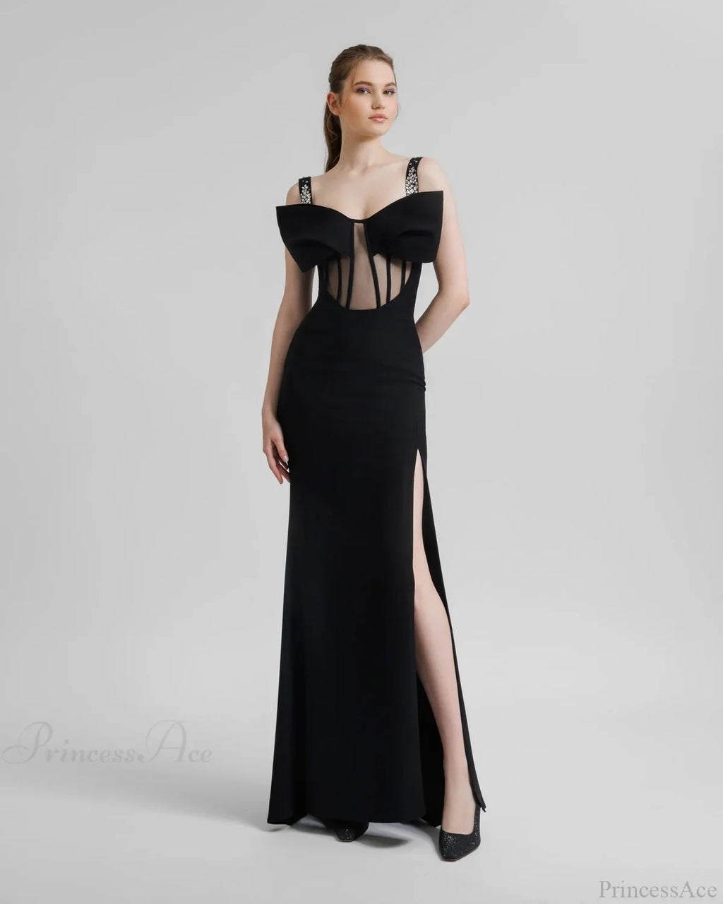 Diamond Strap Bow Slit Elegant Prom Dress image 3