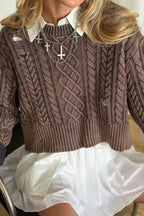 Distressed Crew Neck Cropped Crop Top Knit Sweater image 4
