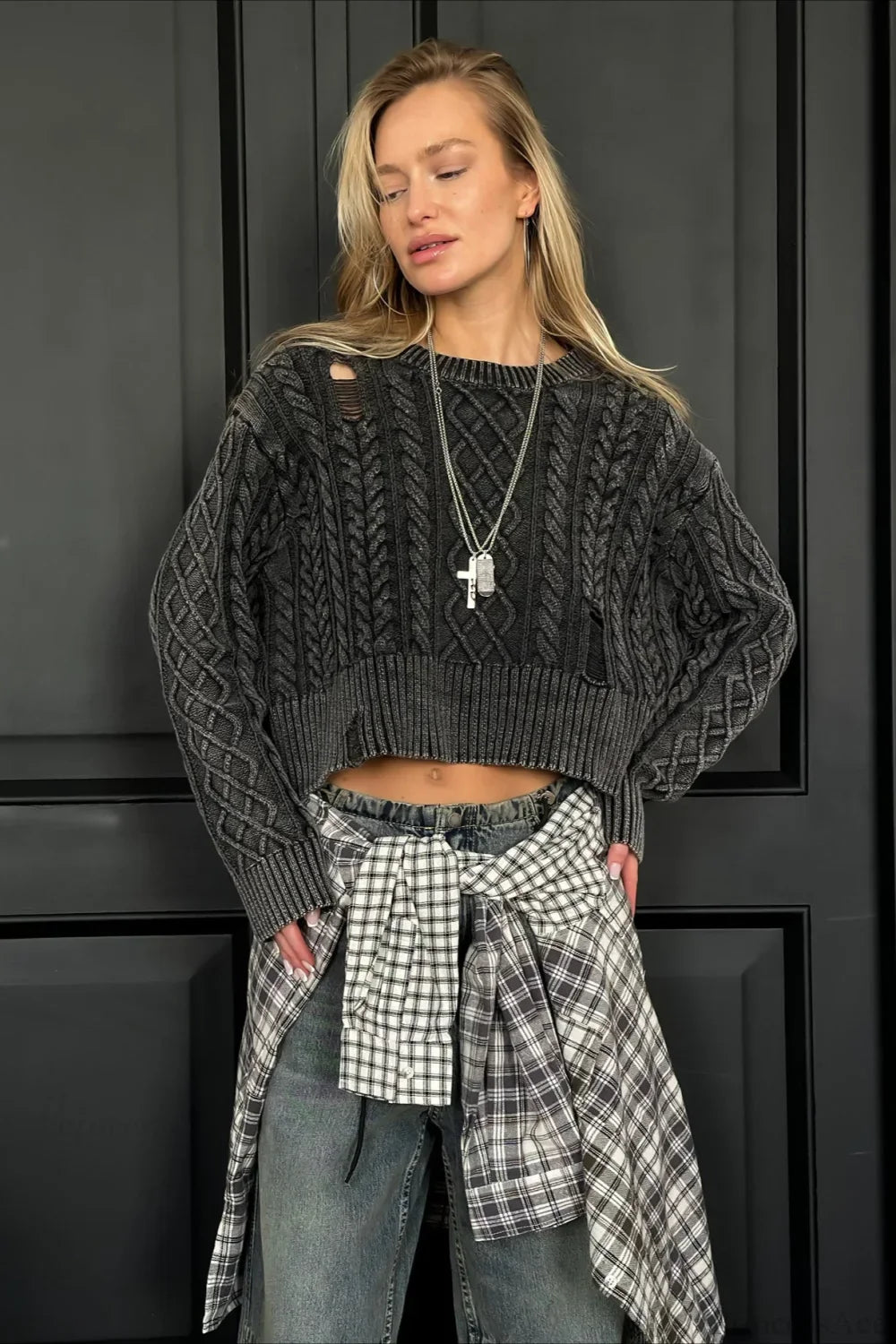 Distressed Crew Neck Cropped Crop Top Knit Sweater image 1