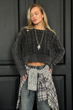 Distressed Crew Neck Cropped Crop Top Knit Sweater image 1