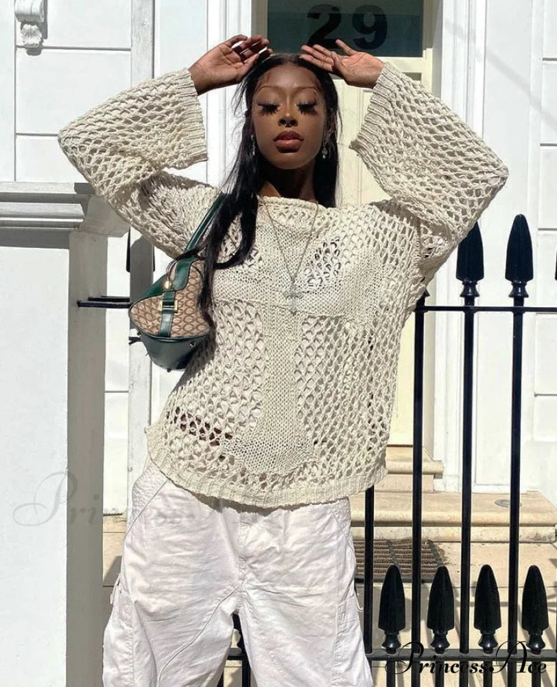 Distressed Cross Fishnet Charming Design Hollow Out Sweater image 1