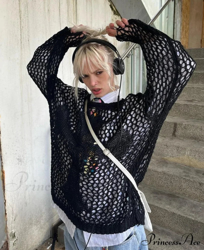 Distressed Cross Fishnet Charming Design Hollow Out Sweater image 2