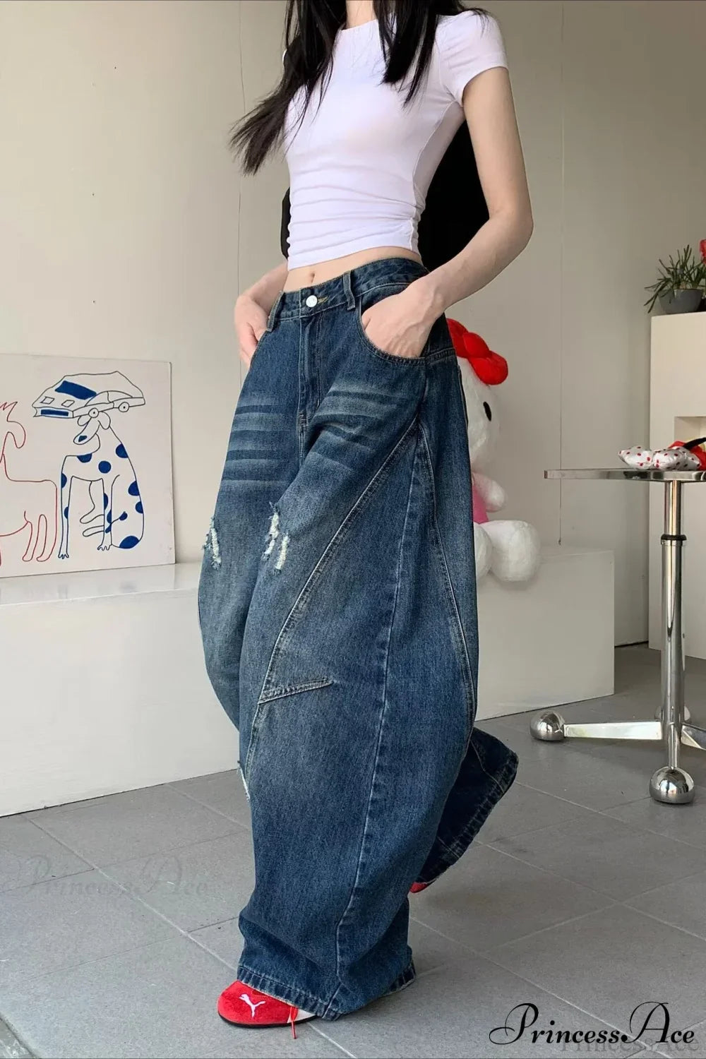 Distressed Curved Loose Wide Leg Casual Utility Jeans image 3