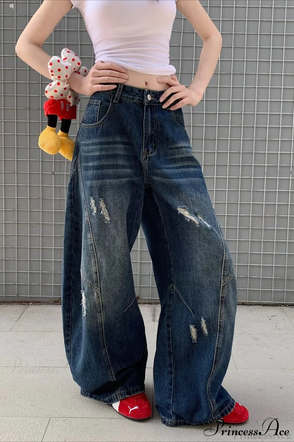 Distressed Curved Loose Wide Leg Casual Utility Jeans image 2