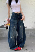 Distressed Curved Loose Wide Leg Casual Utility Jeans image 1