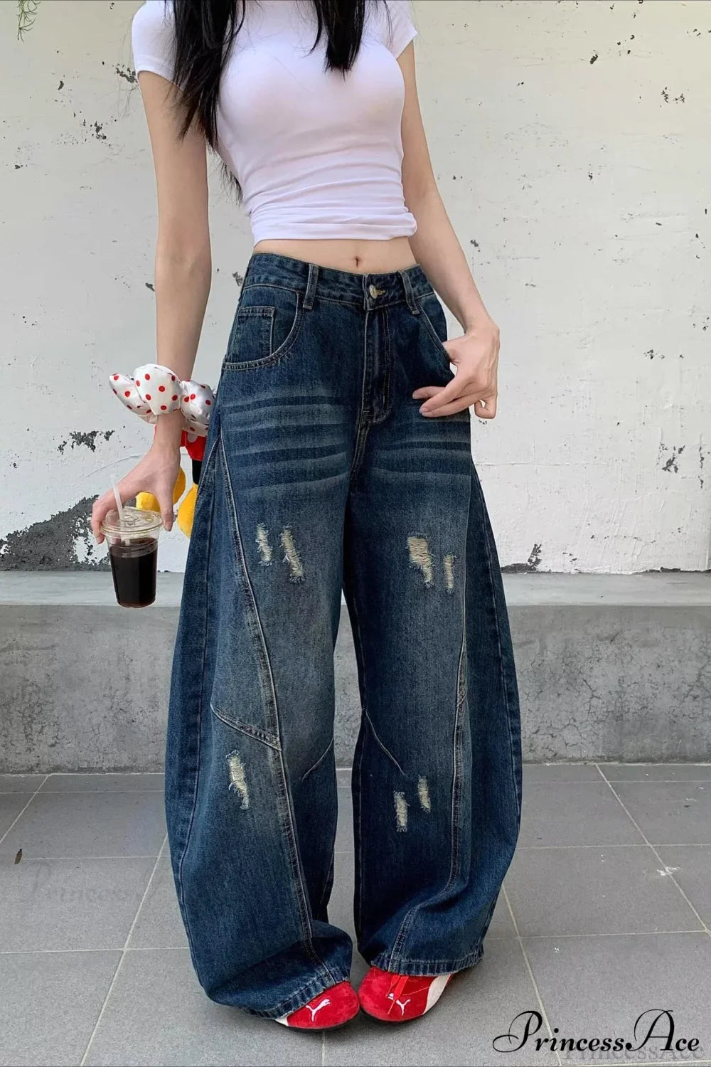 Distressed Curved Loose Wide Leg Casual Utility Jeans image 1