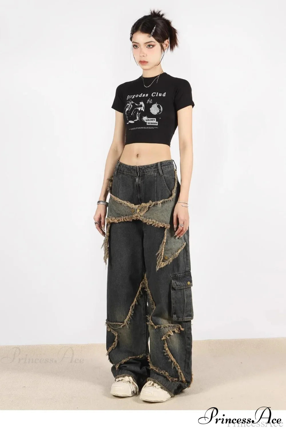 Distressed Frayed Star Straight Leg Hip Hop Jeans image 2