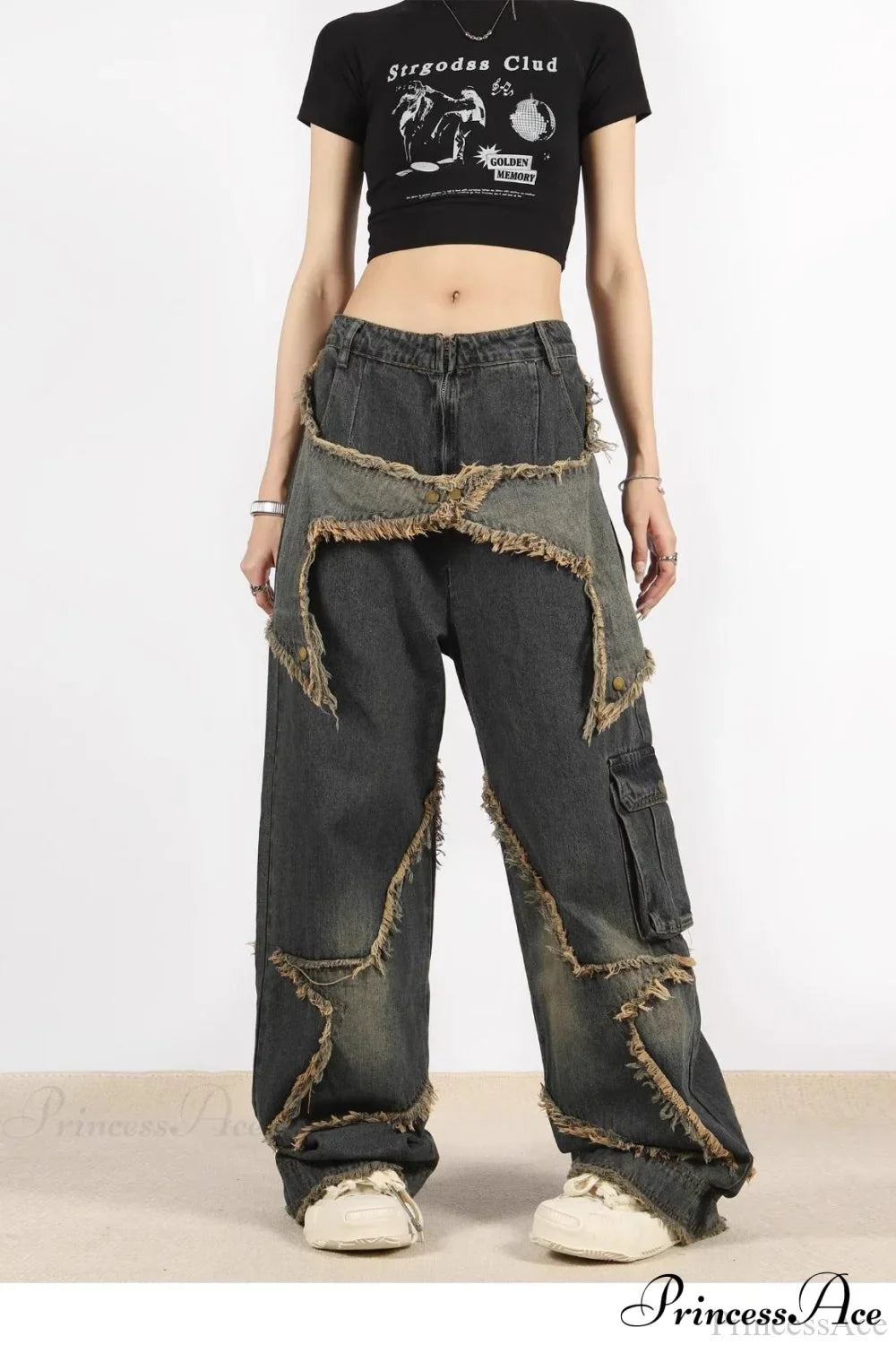 Distressed Frayed Star Straight Leg Hip Hop Jeans image 4