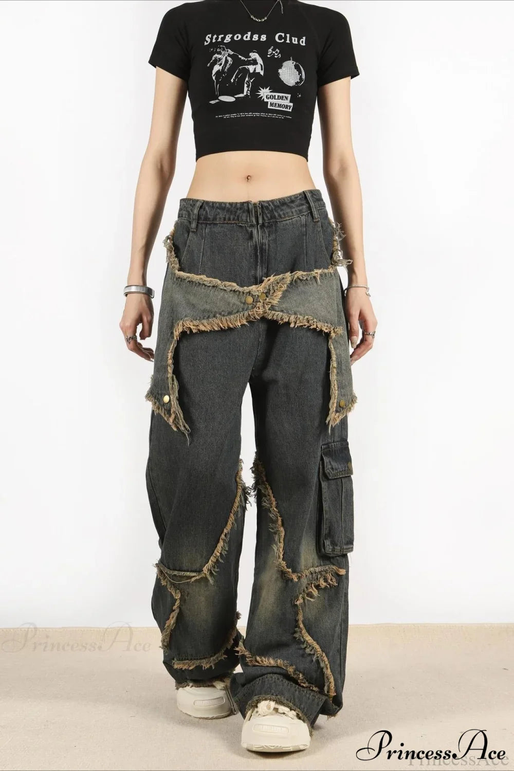 Distressed Frayed Star Straight Leg Hip Hop Jeans image 1