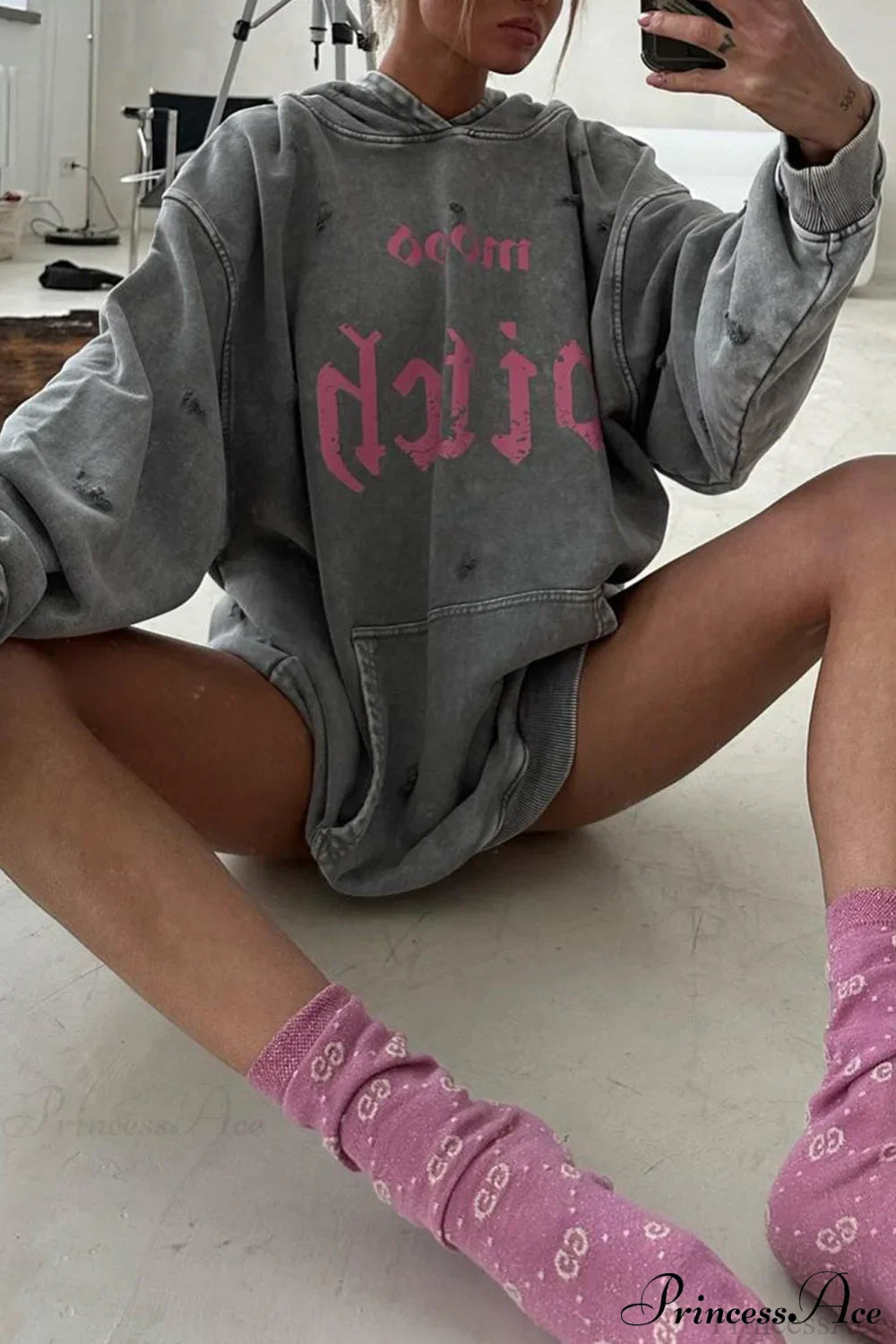 Distressed Hoodie with Letter Print image 6