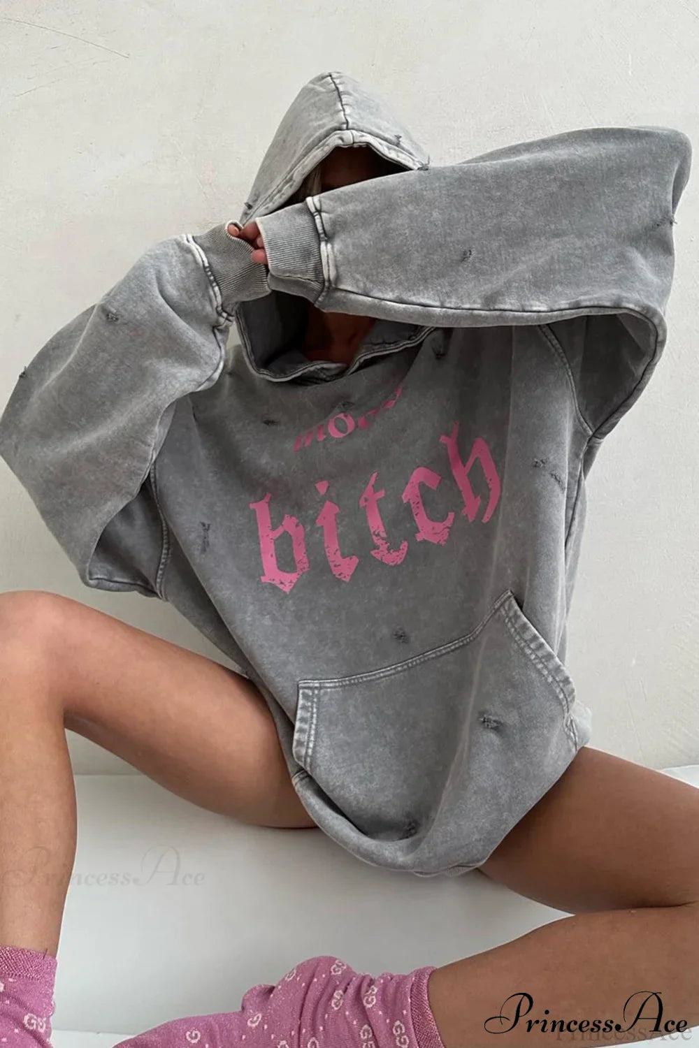 Distressed Hoodie with Letter Print image 1
