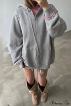 Distressed Pink Zip Loose Hoodie image 3