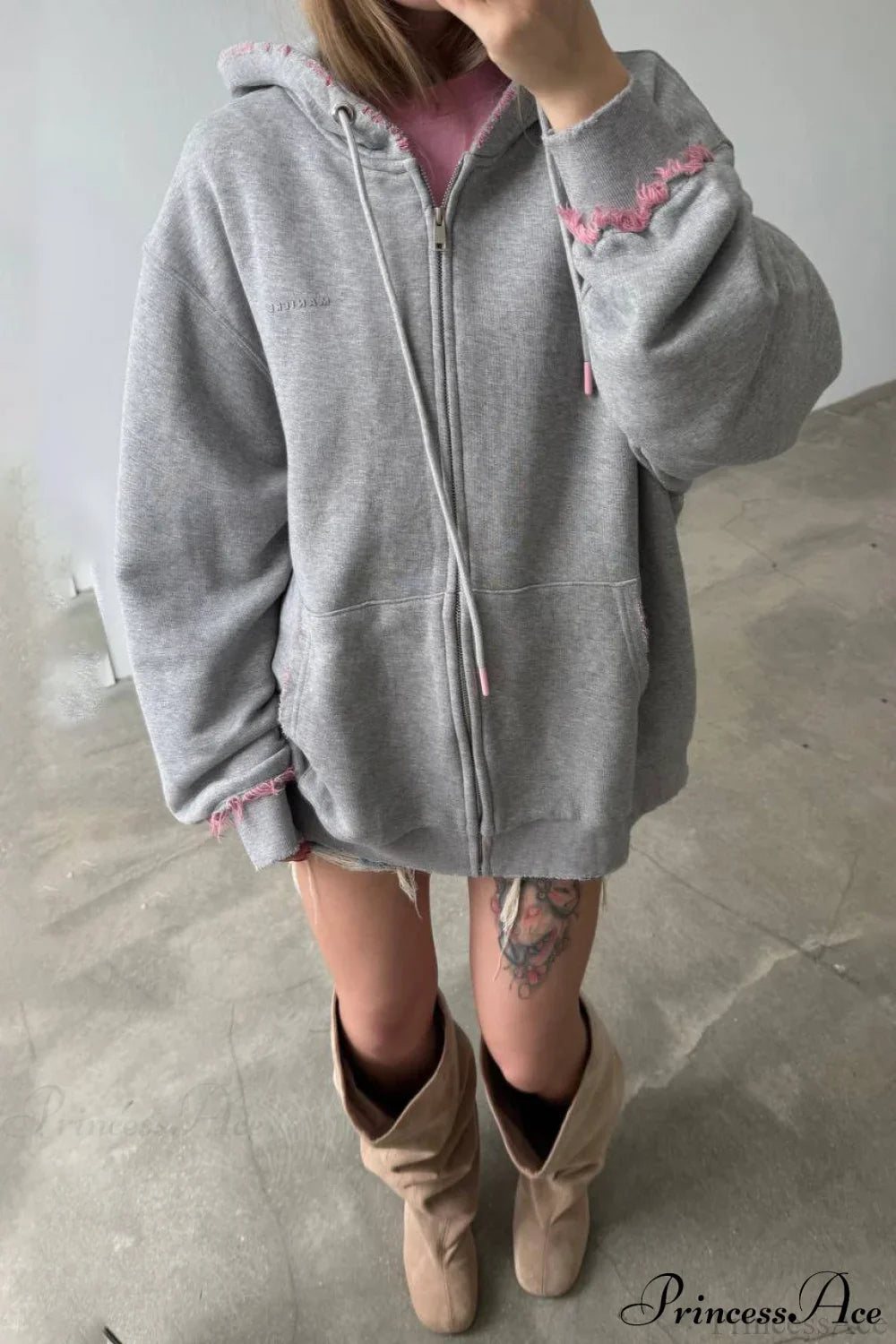 Distressed Pink Zip Loose Hoodie image 3
