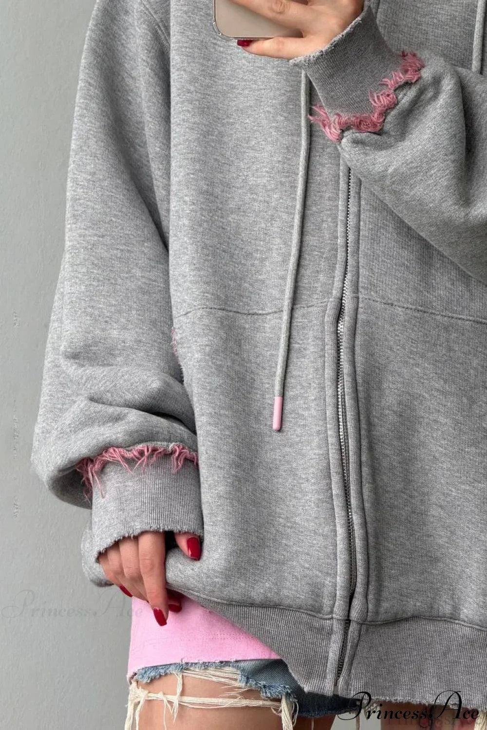 Distressed Pink Zip Loose Hoodie image 2
