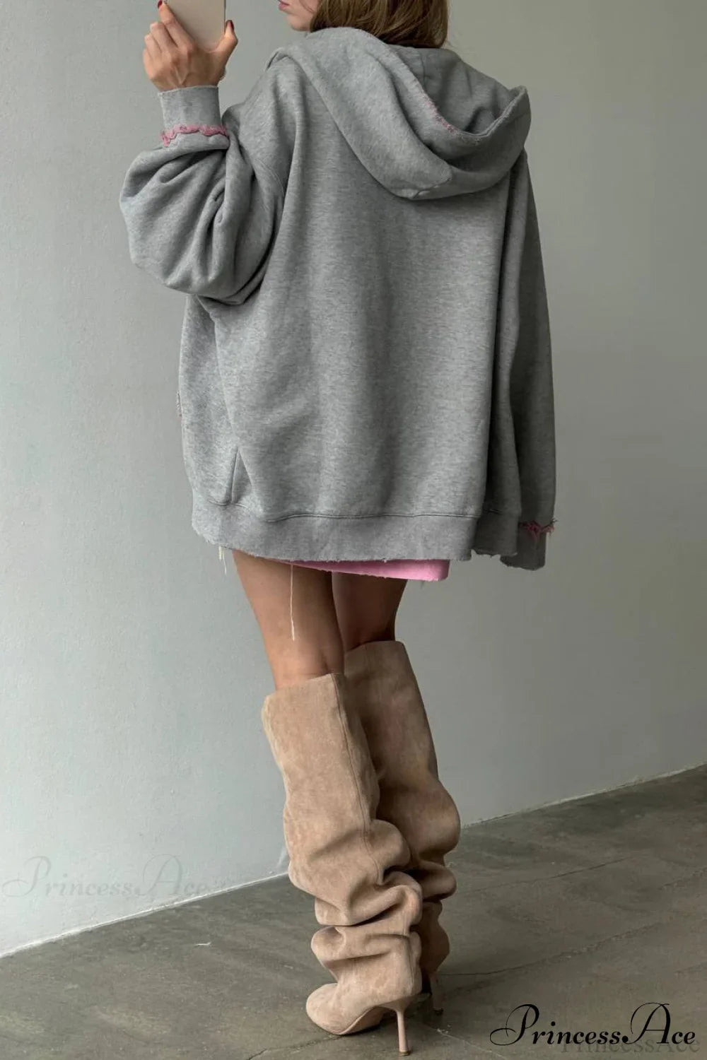 Distressed Pink Zip Loose Hoodie image 4