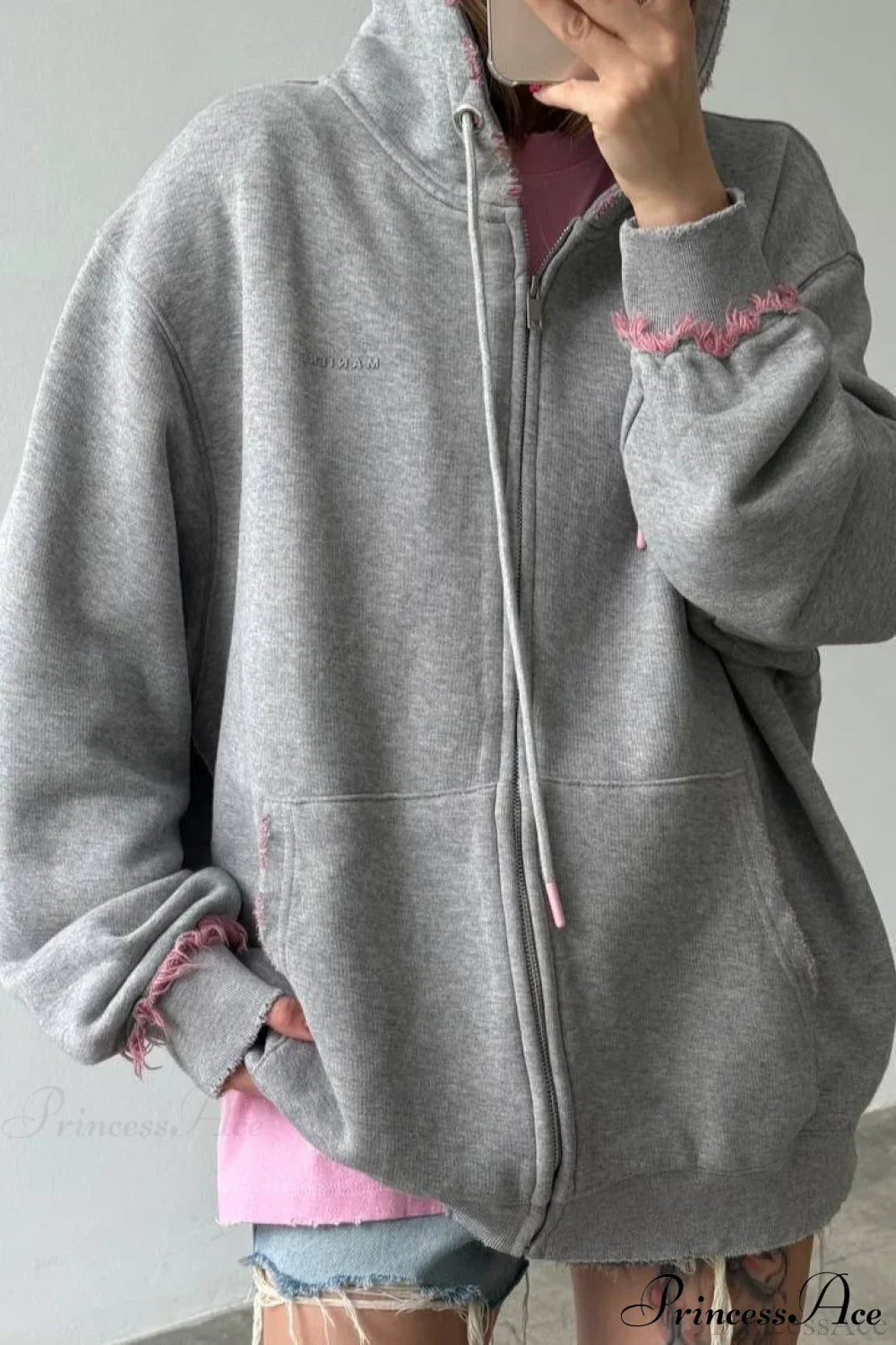 Distressed Pink Zip Loose Hoodie image 1
