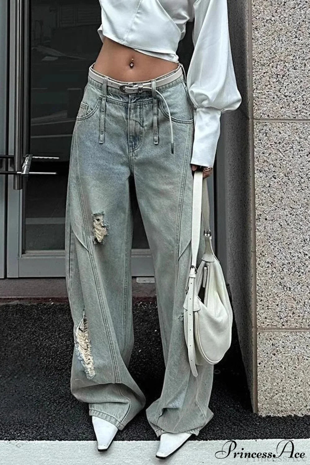 Distressed Ripped Relaxed Curved Leg Jeans image 4