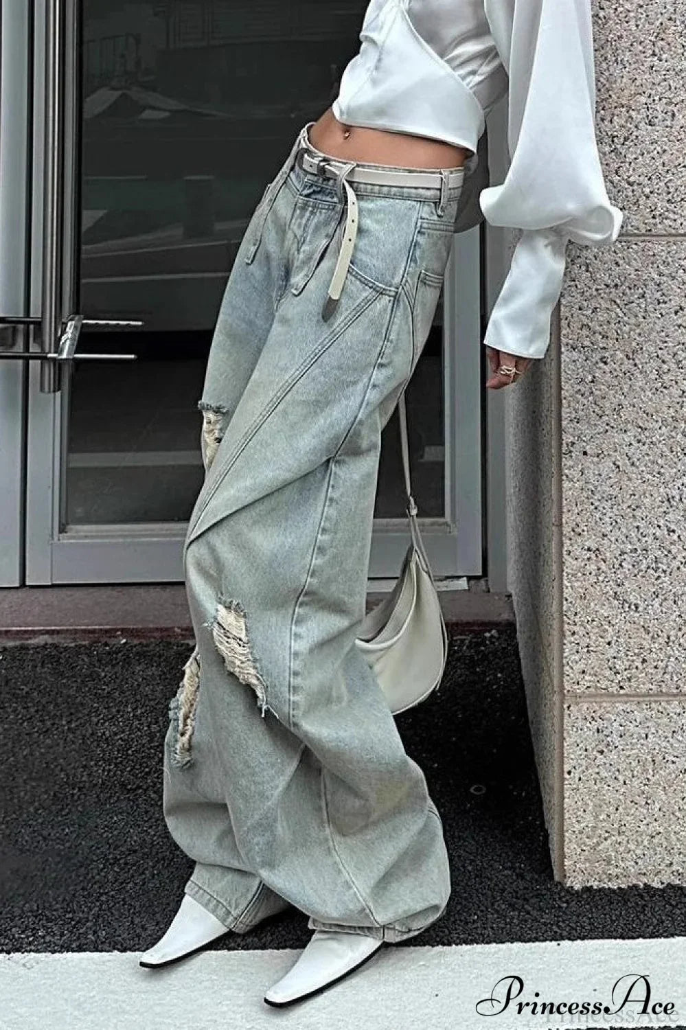 Distressed Ripped Relaxed Curved Leg Jeans image 2