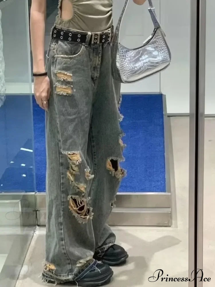Distressed Trendy Brand Washed Vintage Versatile Trendy Wide Leg Design Inset Jean image 3