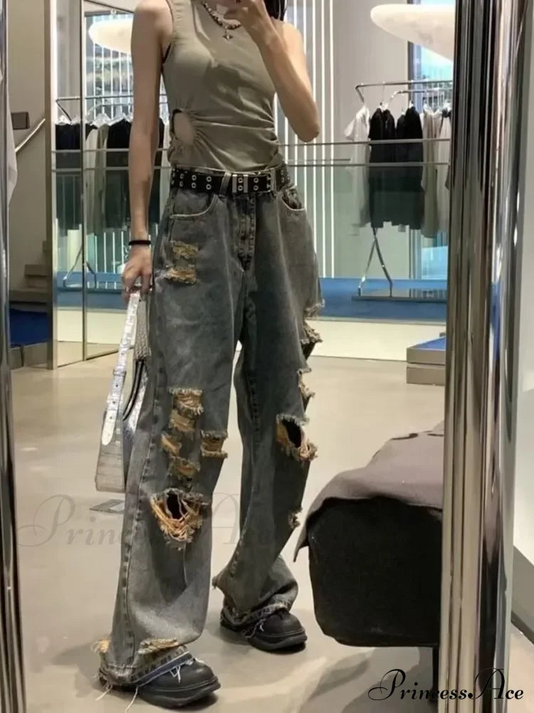 Distressed Trendy Brand Washed Vintage Versatile Trendy Wide Leg Design Inset Jean image 2