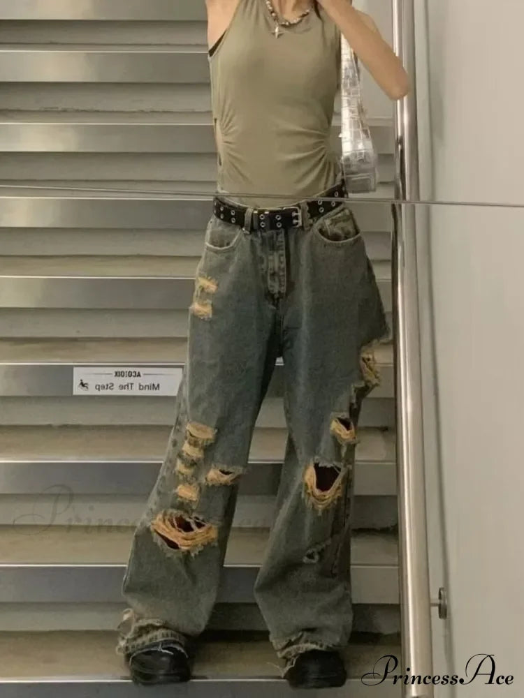 Distressed Trendy Brand Washed Vintage Versatile Trendy Wide Leg Design Inset Jean image 4