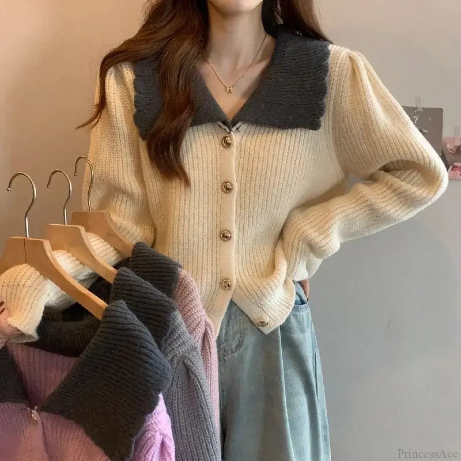 Doll Neck Single Breasted Loose Knit Cardigan image 2