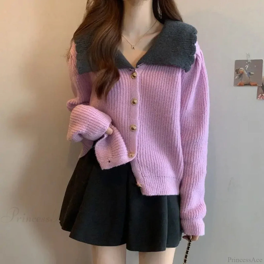 Doll Neck Single Breasted Loose Knit Cardigan image 1