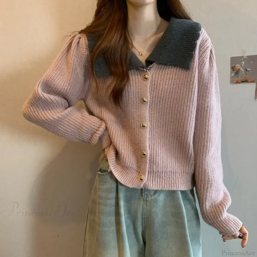 Doll Neck Single Breasted Loose Knit Cardigan image 3