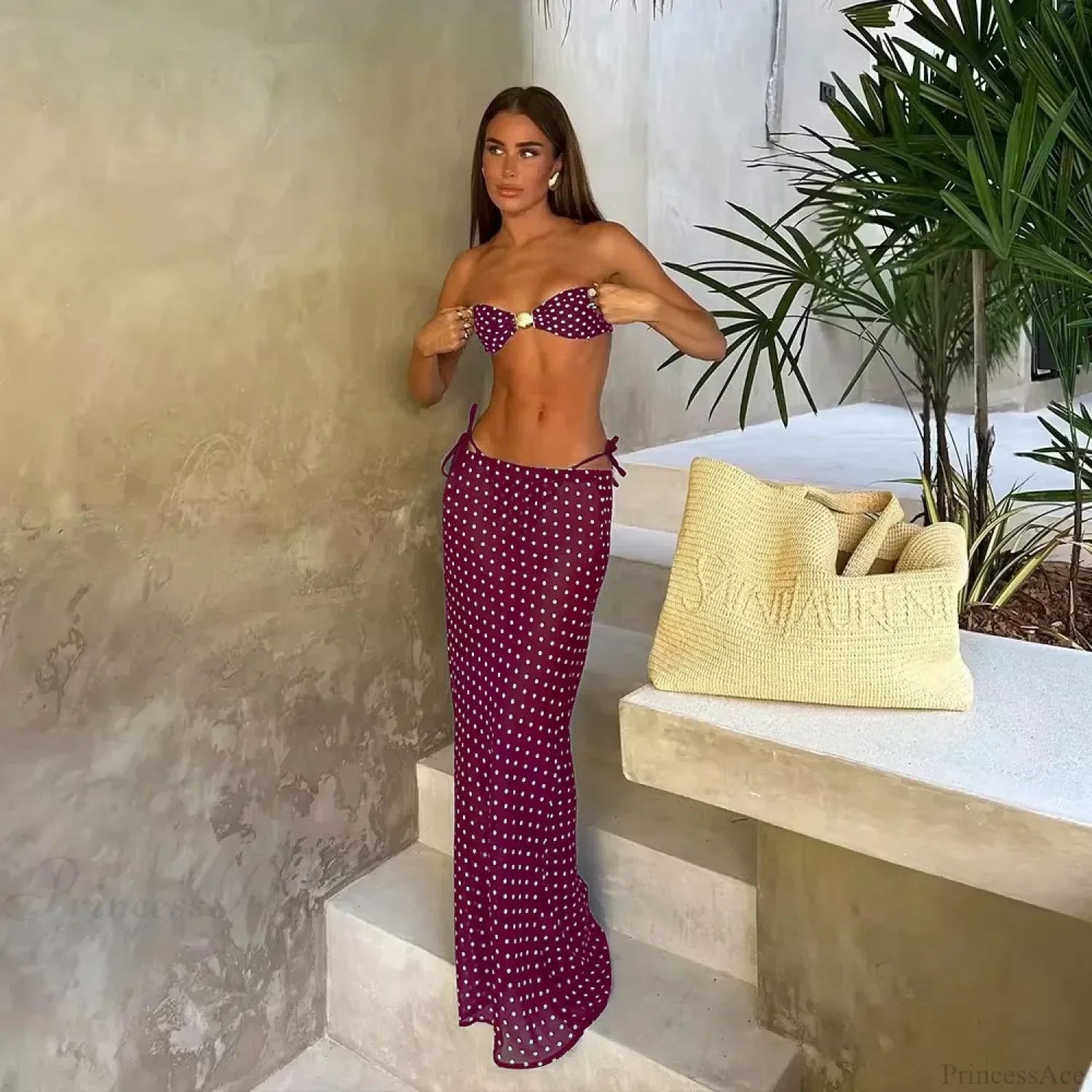 Dot Bandeau Skirt Three Piece Swimsuit image 3
