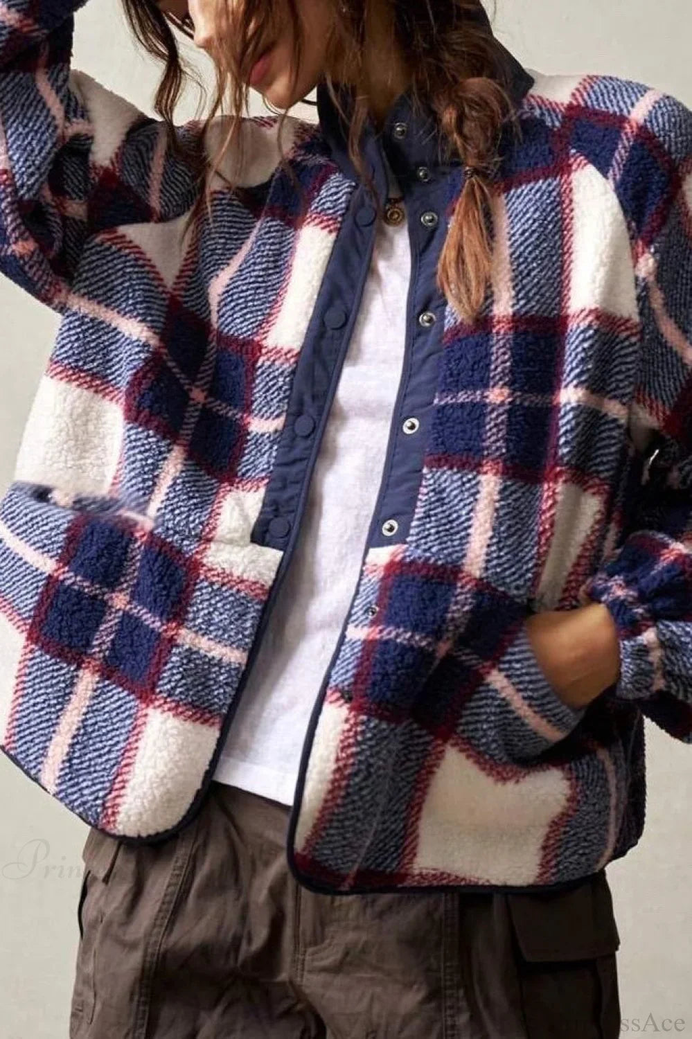 Double-Fleece Plaid Wool Long Sleeve Jacket image 2