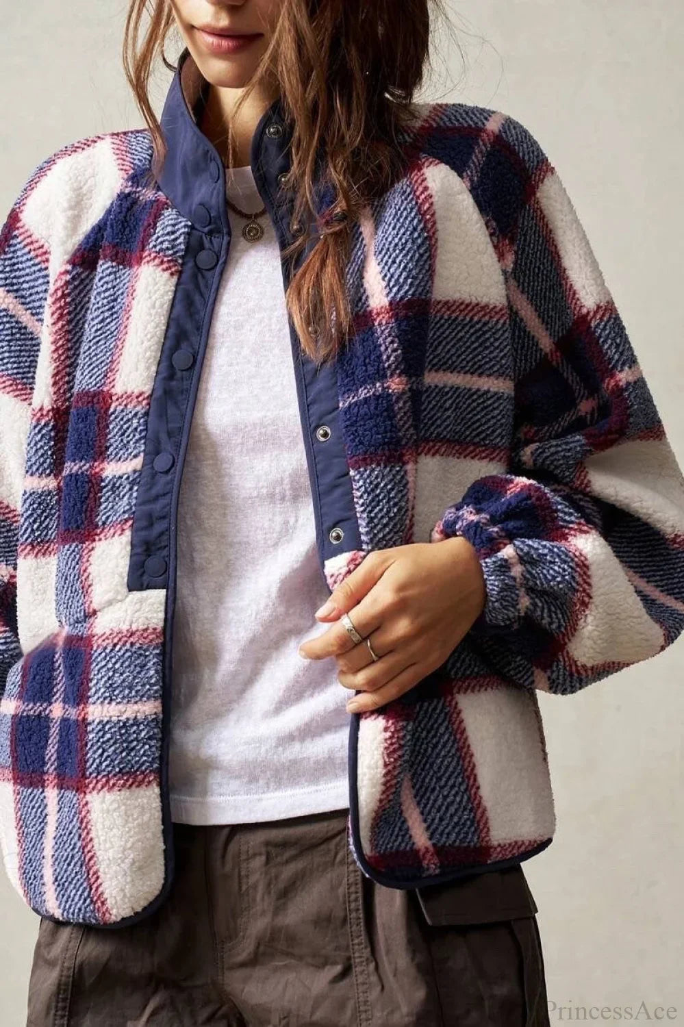 Double-Fleece Plaid Wool Long Sleeve Jacket image 5