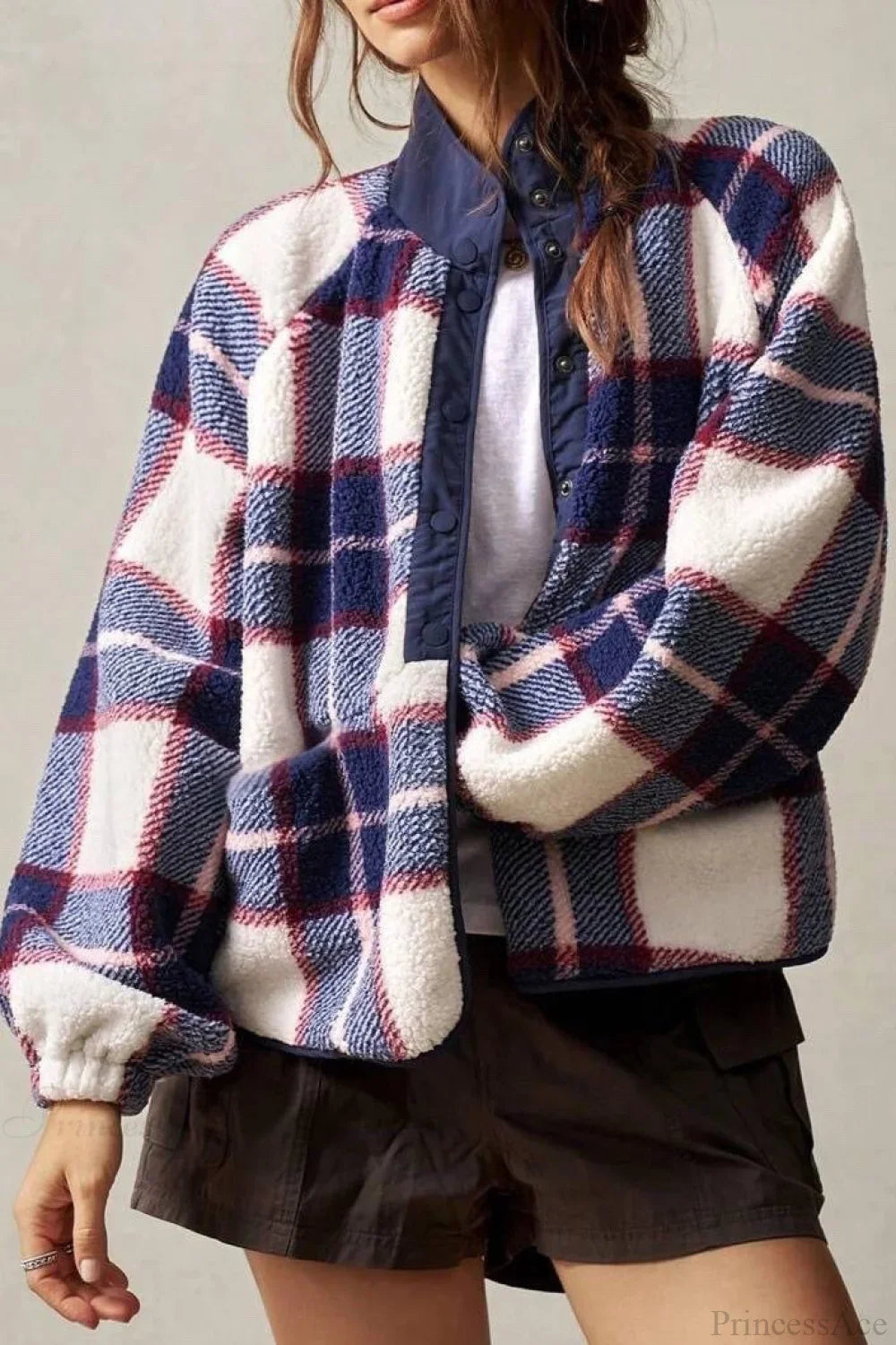 Double-Fleece Plaid Wool Long Sleeve Jacket image 1