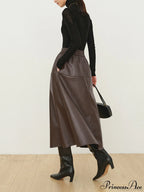 Double Pockets Graceful Leather Maxi Skirt image 3