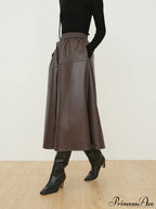 Double Pockets Graceful Leather Maxi Skirt image 4
