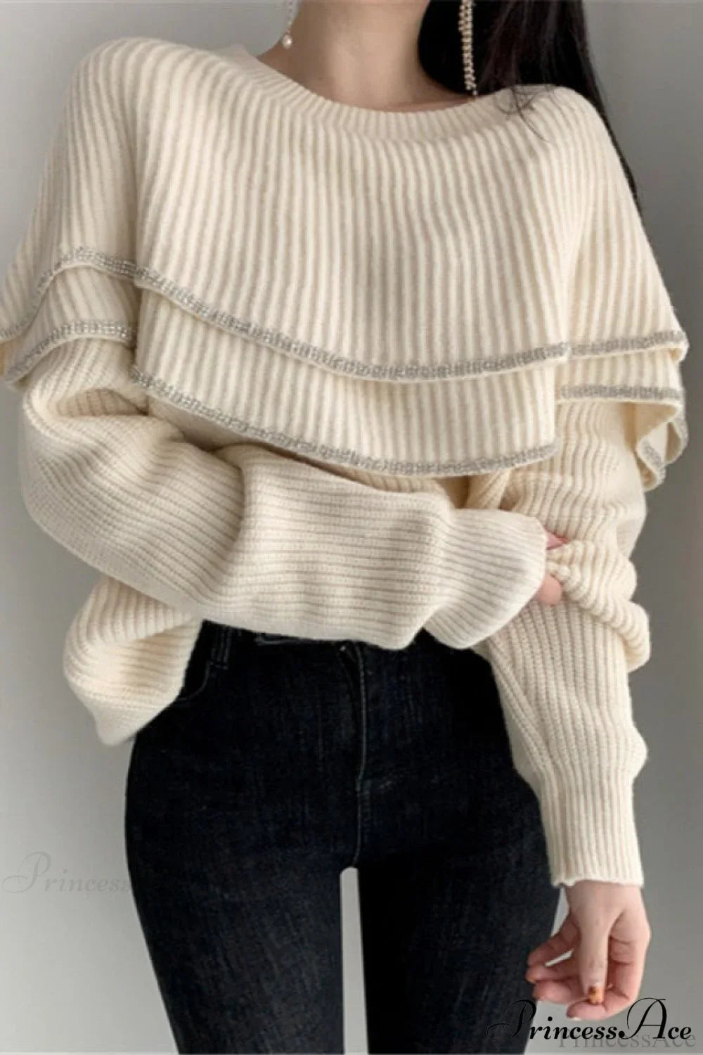 Double Ruffled Off-Shoulder French Vintage Knit Top image 2