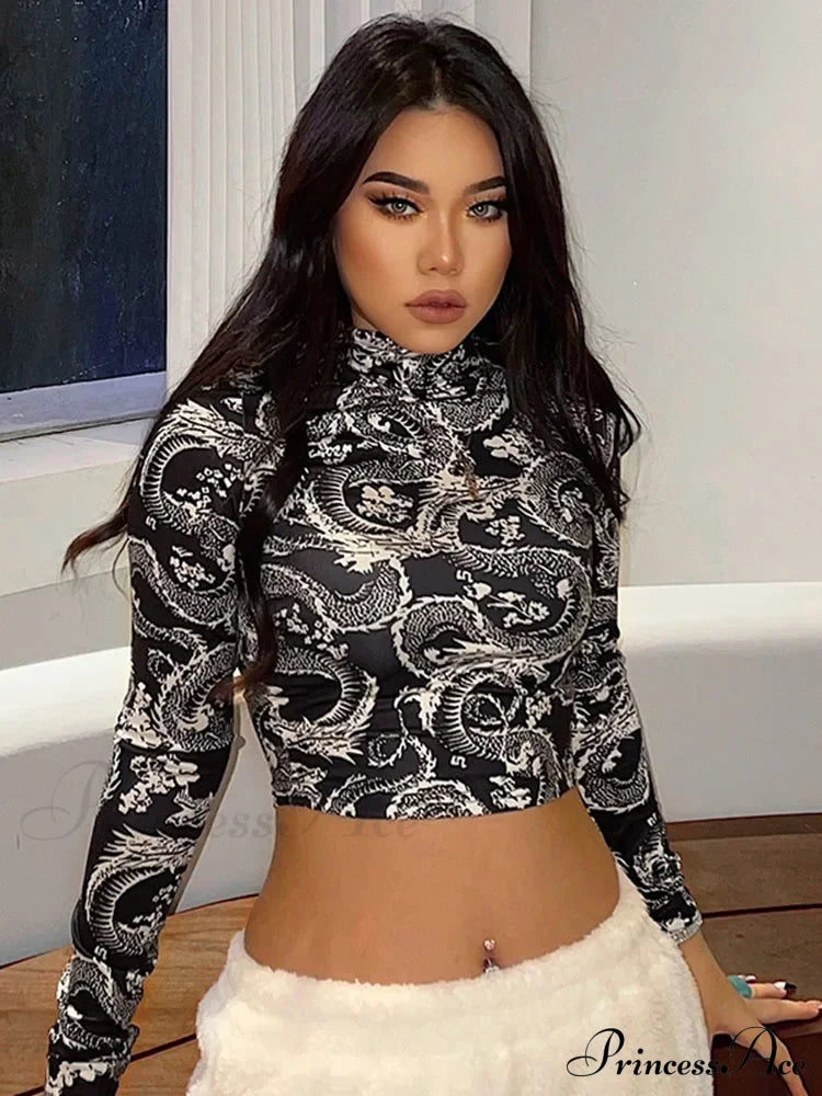 Dragon Printed High Collar Slim T-shirt Crop Top image 2