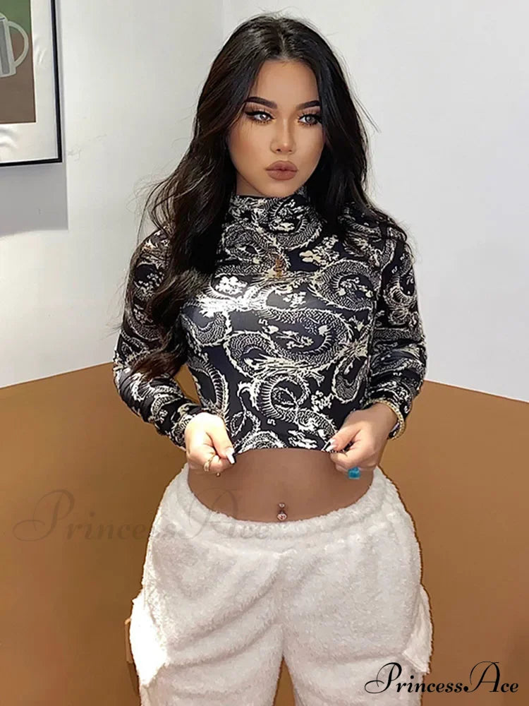 Dragon Printed High Collar Slim T-shirt Crop Top image 4