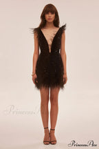 Dramatic Cocktail Dress On Straps Trendy Decorated With Sequins And Feathers image 1