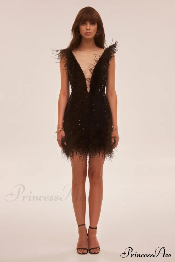 Dramatic Cocktail Dress On Straps Trendy Decorated With Sequins And Feathers image 1
