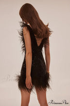 Dramatic Cocktail Dress On Straps Trendy Decorated With Sequins And Feathers image 2
