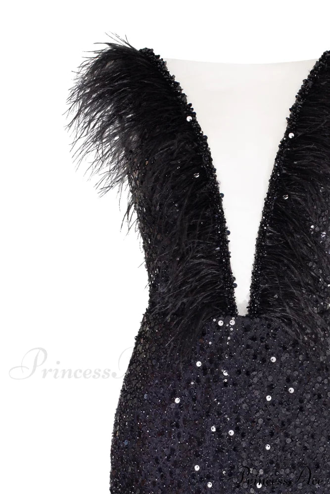 Dramatic Cocktail Dress On Straps Trendy Decorated With Sequins And Feathers image 5