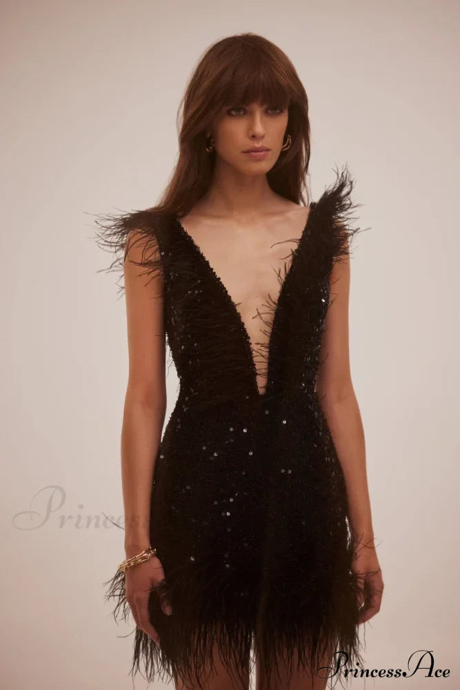 Dramatic Cocktail Dress On Straps Trendy Decorated With Sequins And Feathers image 3