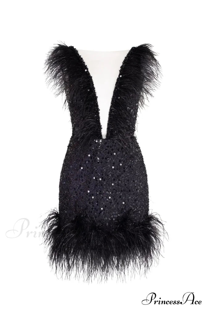 Dramatic Cocktail Dress On Straps Trendy Decorated With Sequins And Feathers image 4