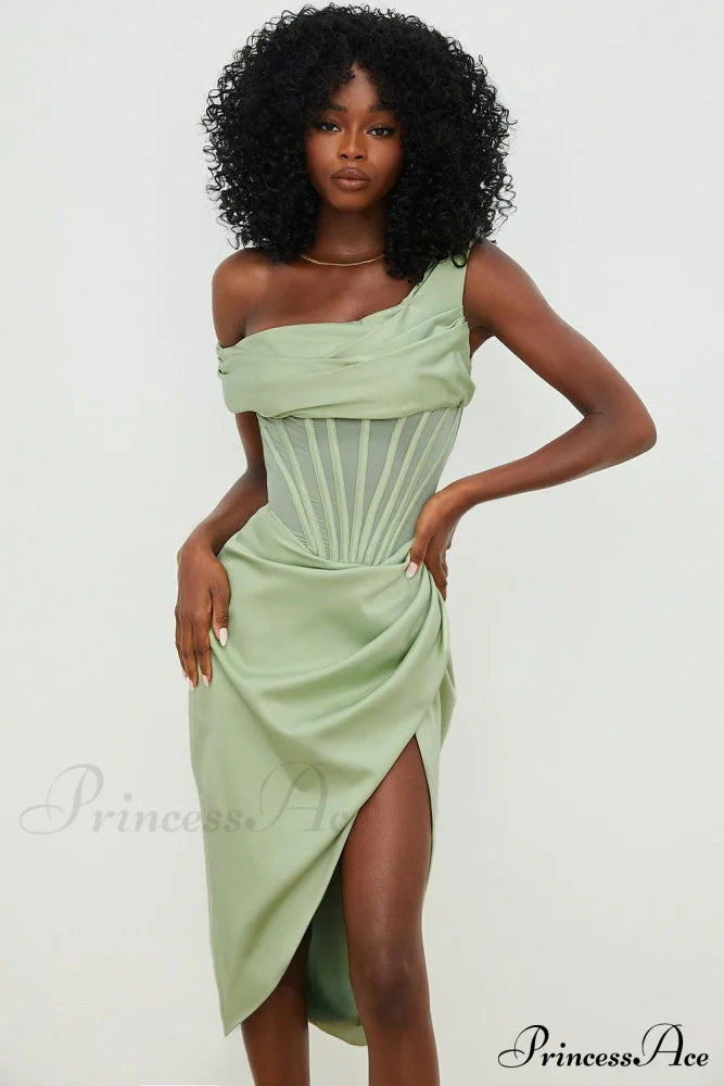 Draped Diva One-Shoulder Charming Corset Bodycon Midi Dress image 11