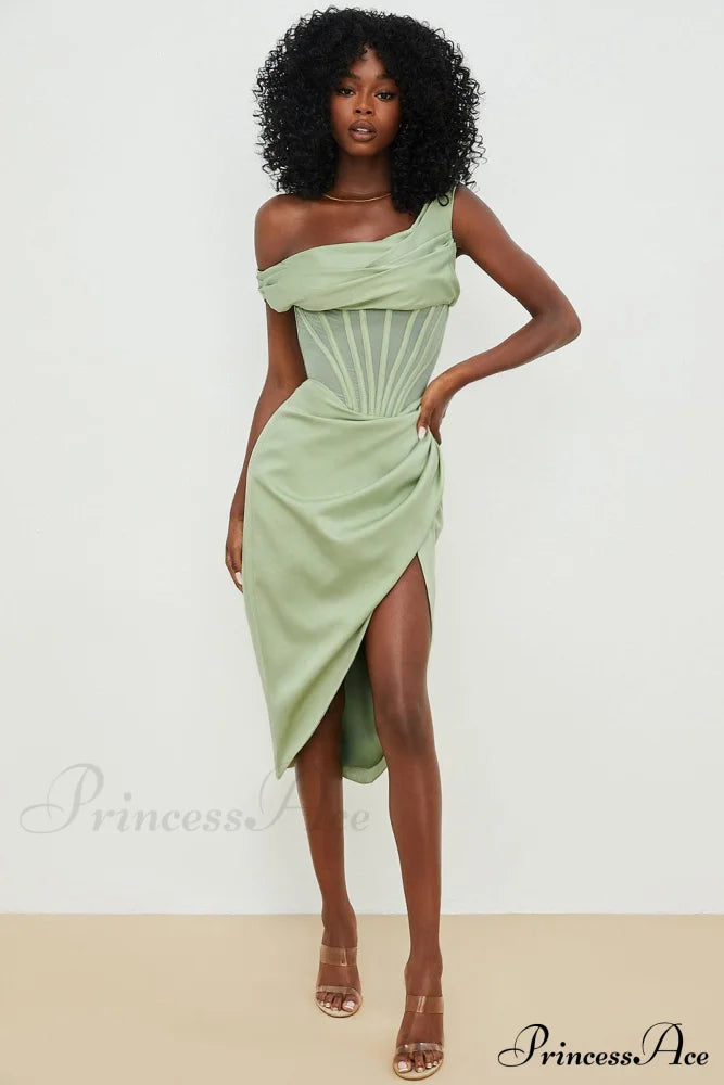 Draped Diva One-Shoulder Charming Corset Bodycon Midi Dress image 2