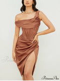 Draped Diva One-Shoulder Charming Corset Bodycon Midi Dress image 1