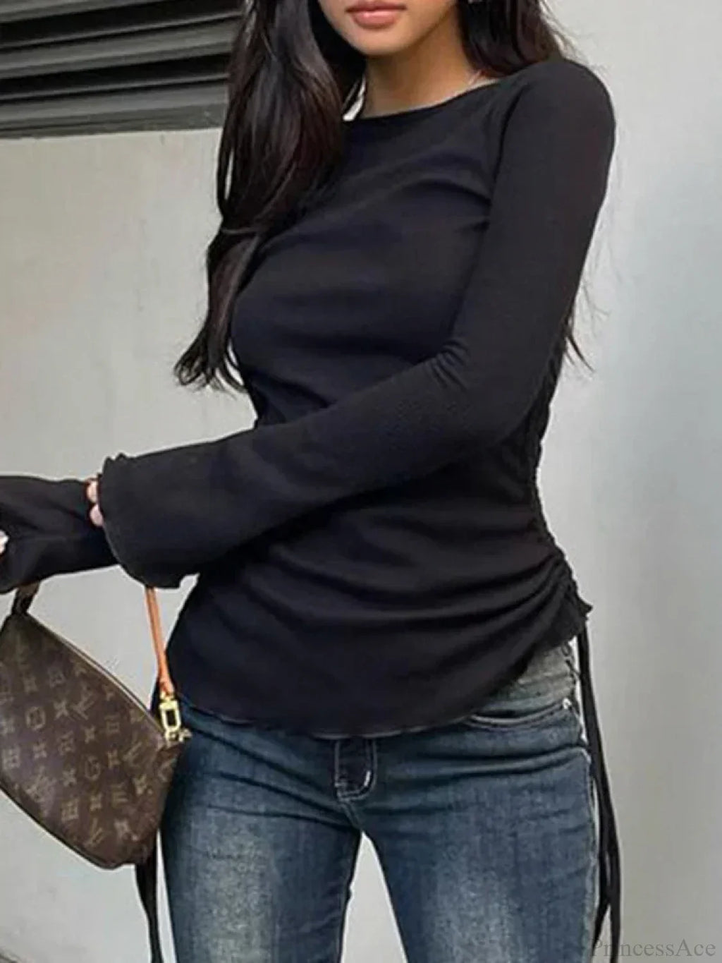 Drawstring Folds Solid Slim O-Neck Long Sleeve Knit Top image 2