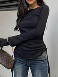 Drawstring Folds Solid Slim O-Neck Long Sleeve Knit Top image 2