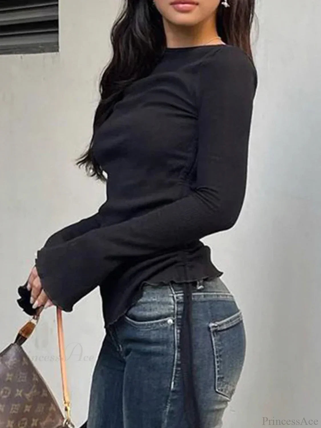 Drawstring Folds Solid Slim O-Neck Long Sleeve Knit Top image 1