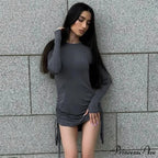 Drawstring Long Sleeve Club Party Bodycon Solid Mini Dress image 3